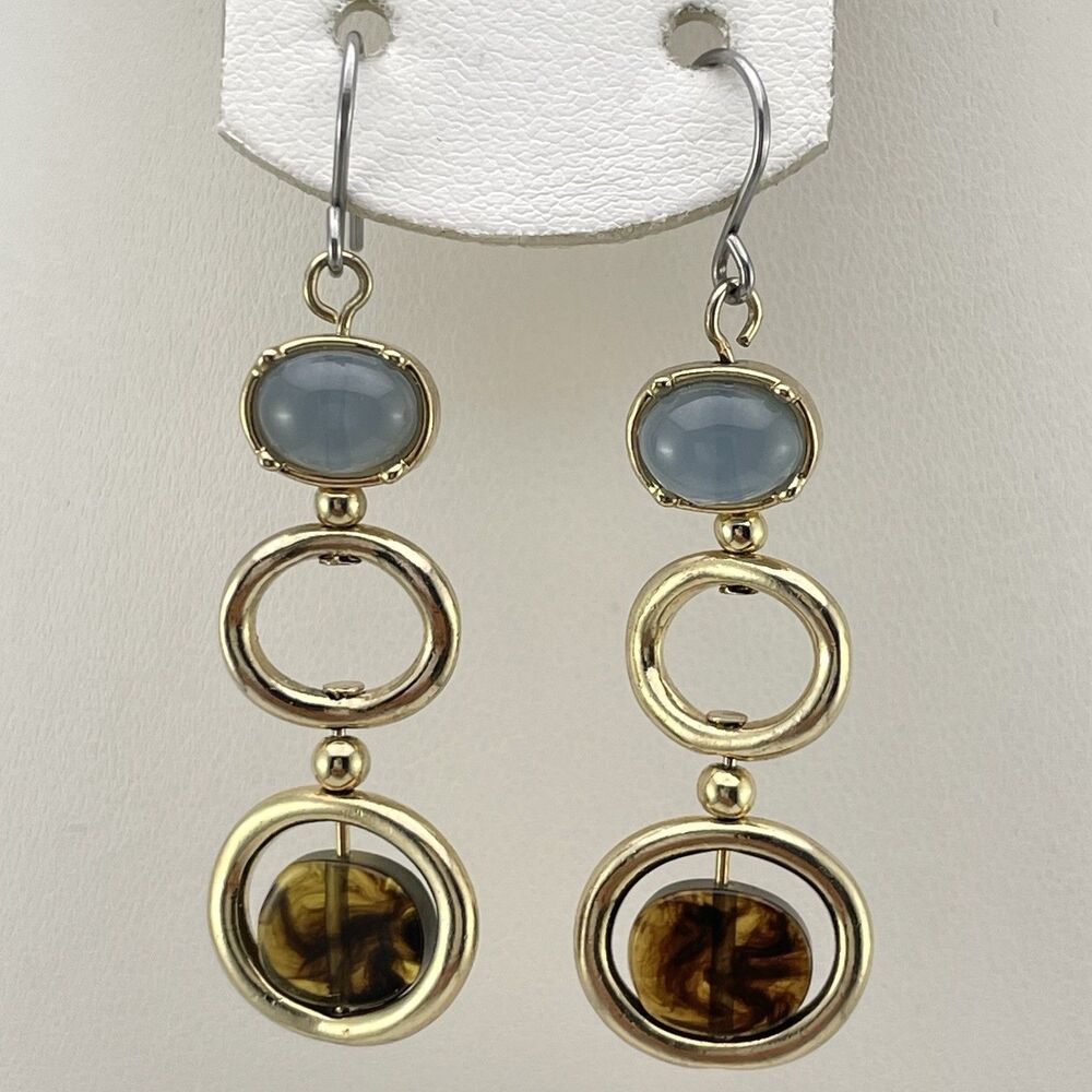 Long Light Blue Oval Cab Open Goldtone Faux Tortoise Shell Inset Dangle Earrings